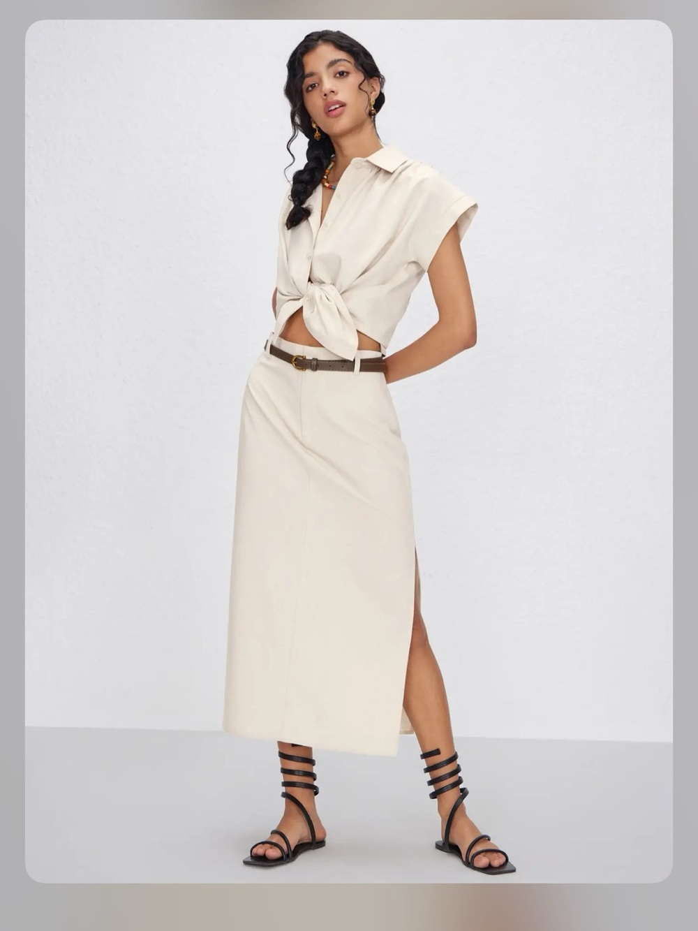 Cider LINEN-BLEND MID RISE SOLID MIDI SKIRT WITHOUT BELT WC9-46